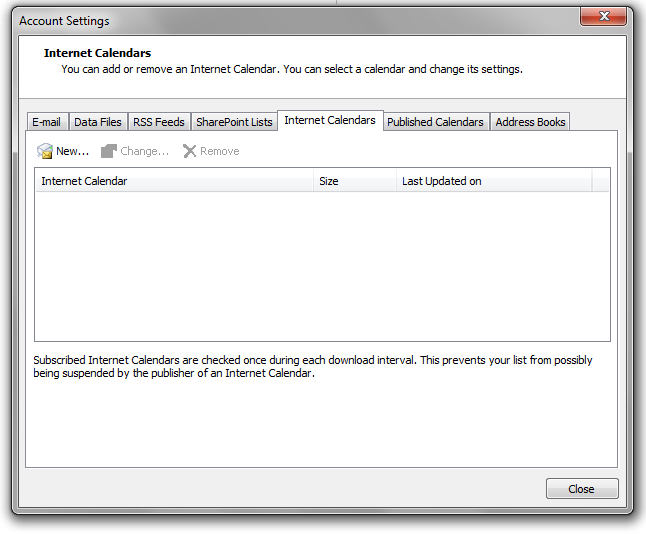 Windows Account settings, Internet Calendars Dialog Image